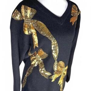 Vintage 90's gold sequin bow sweater wool angora holiday retro party unique sz M